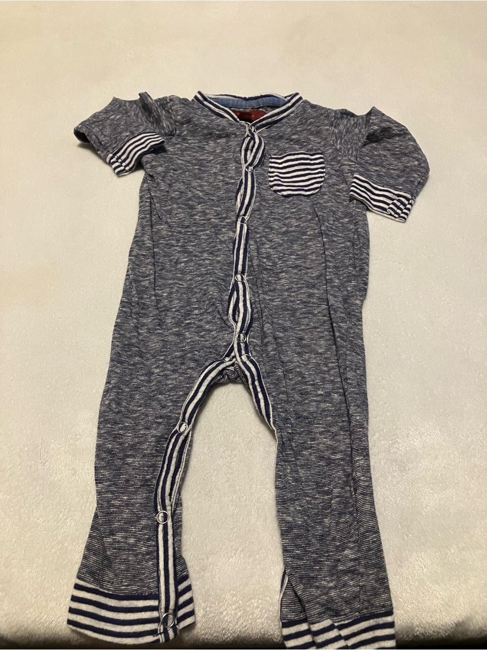 Striped Trim with Navy Heathered Pattern Baby One-Piece Romper